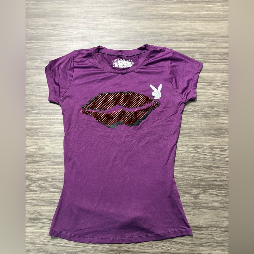 Playboy Rhinestone Lip Purple Shirt Size Medium